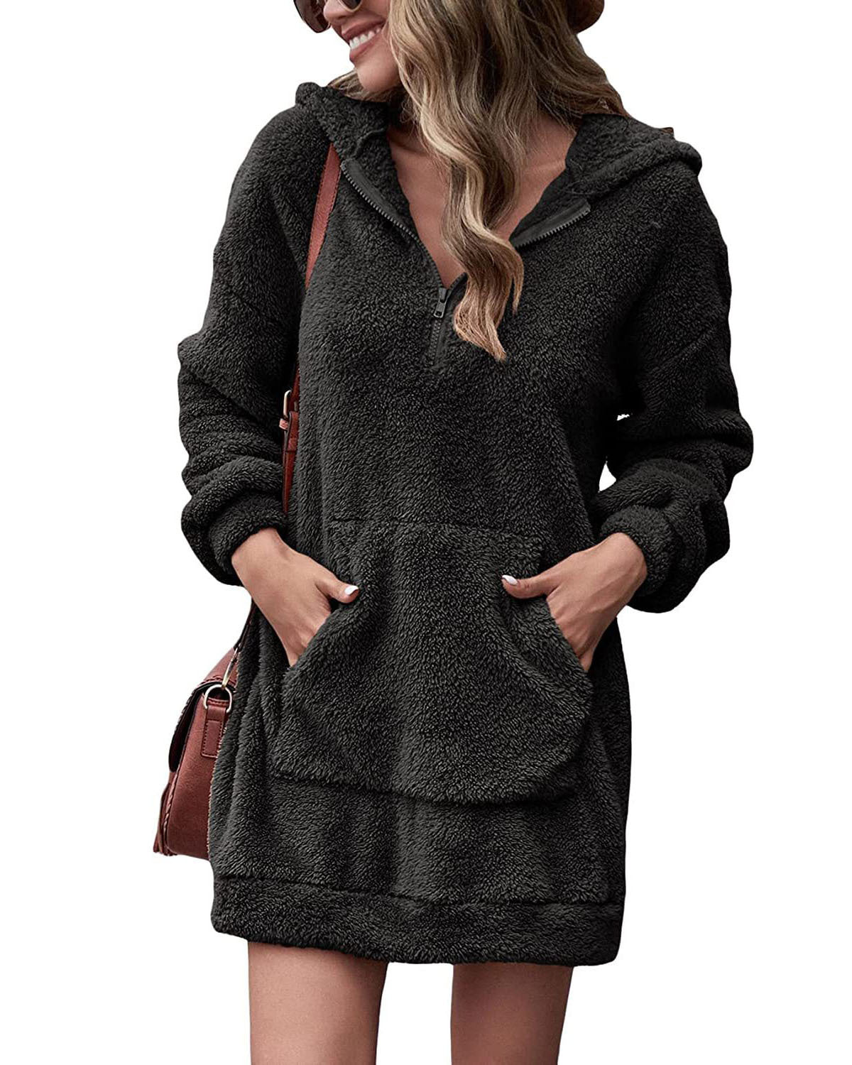 Women's fleece hooded dress with pockets and zipper Ivyshape