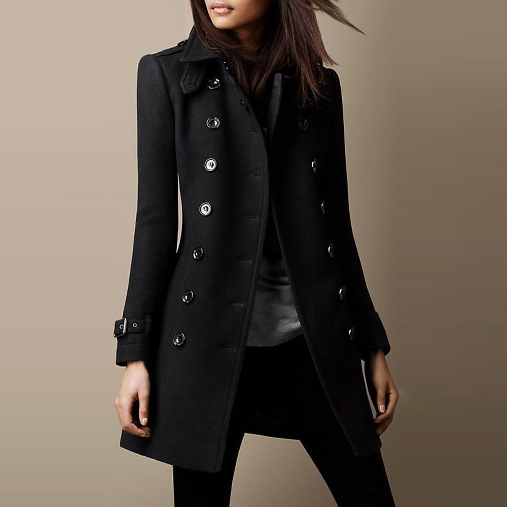 Women elegant transitional coat with double button placket and modern cut Ivyshape