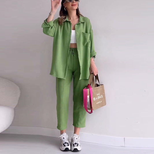 IvyShape | Tie Nine-Point Pants Long Sleeve Shirt Two-Piece Set