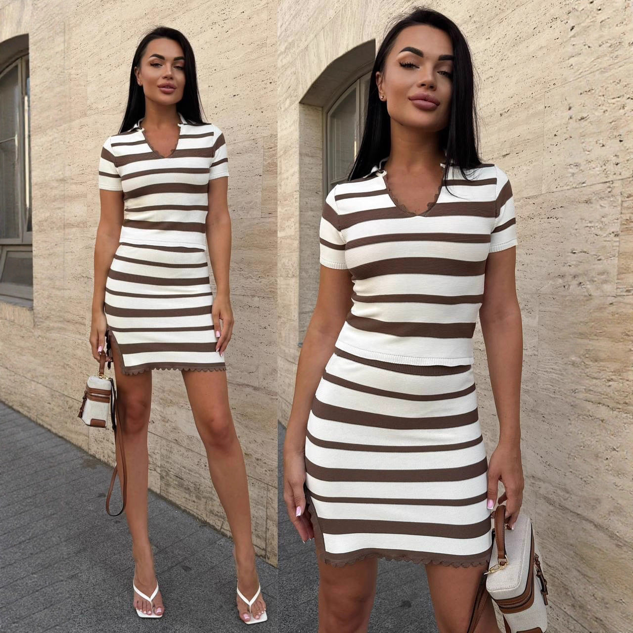 Women’s fashionable striped dress with short sleeves and playful neckline Ivyshape