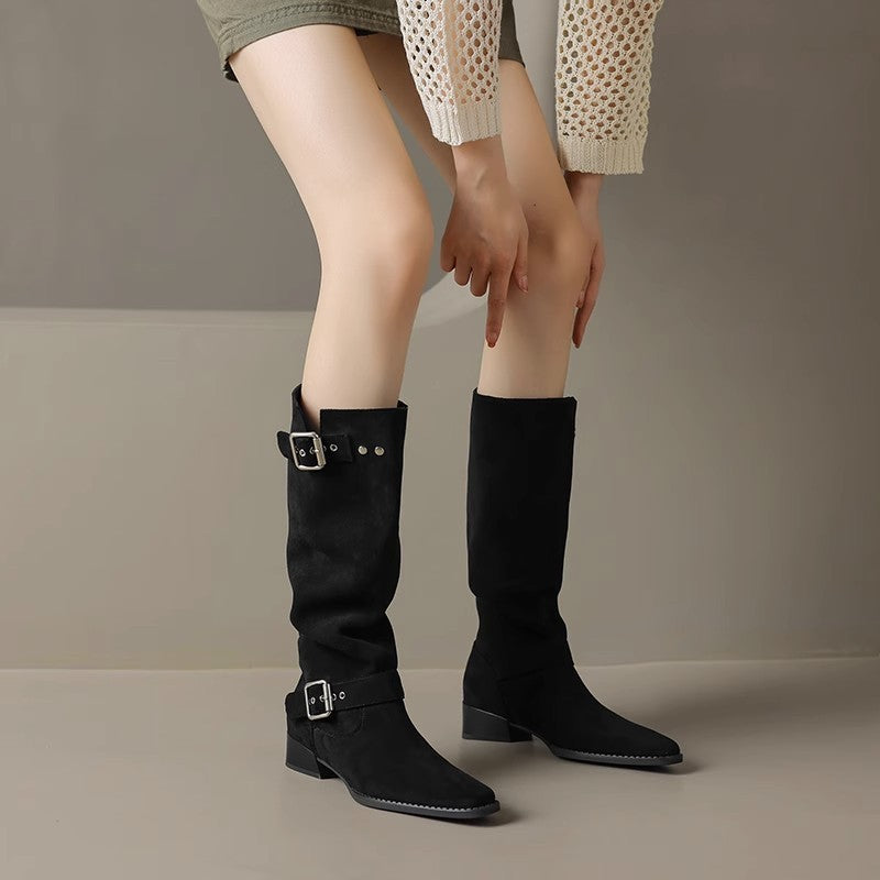 Ladies Over-the-knee boots made of soft nubuck leather with practical buckle details Ivyshape