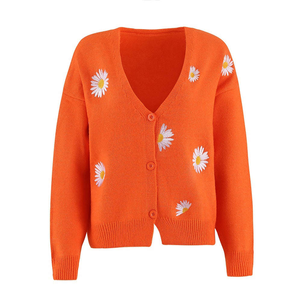 Ivyshape | Up Daisy Embroidery V-Neck Sweater Cardigan