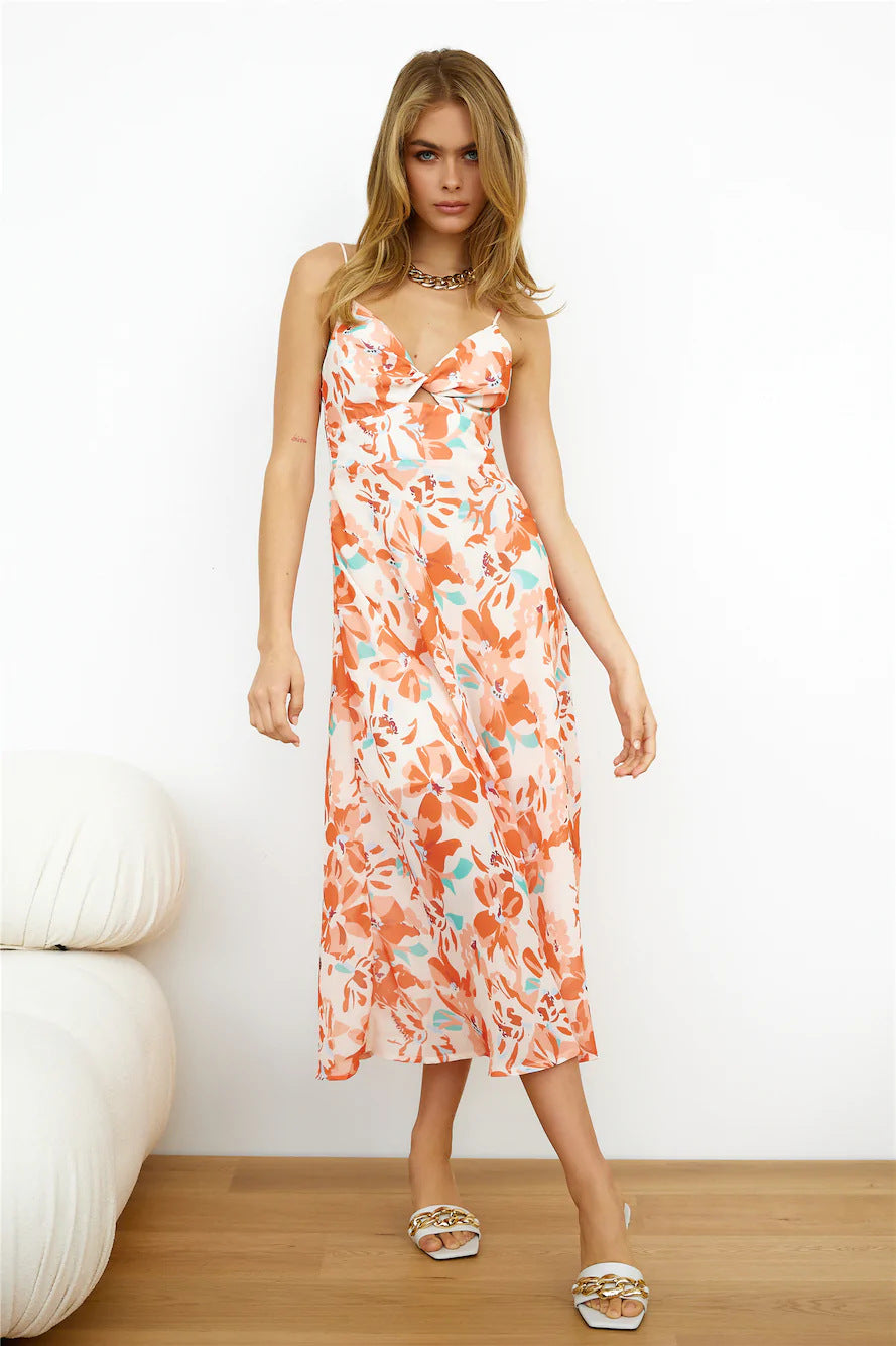 IvyShape | Printed Knotted Strap Backless Long Dress