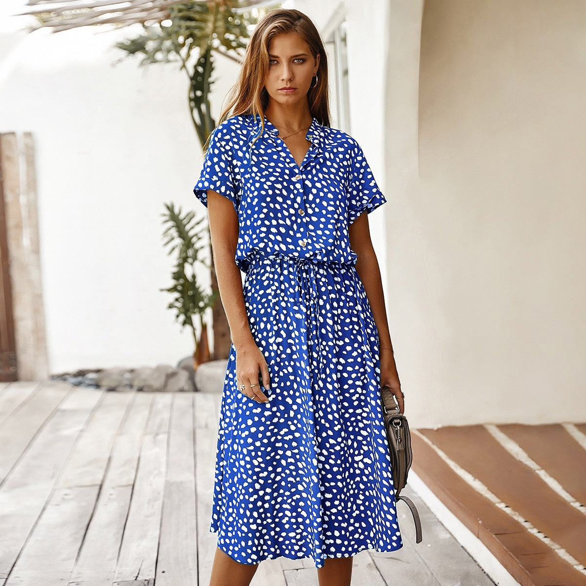 Women Short Sleeve Dress with Modern Dots and Waist Drawstring Ivyshape