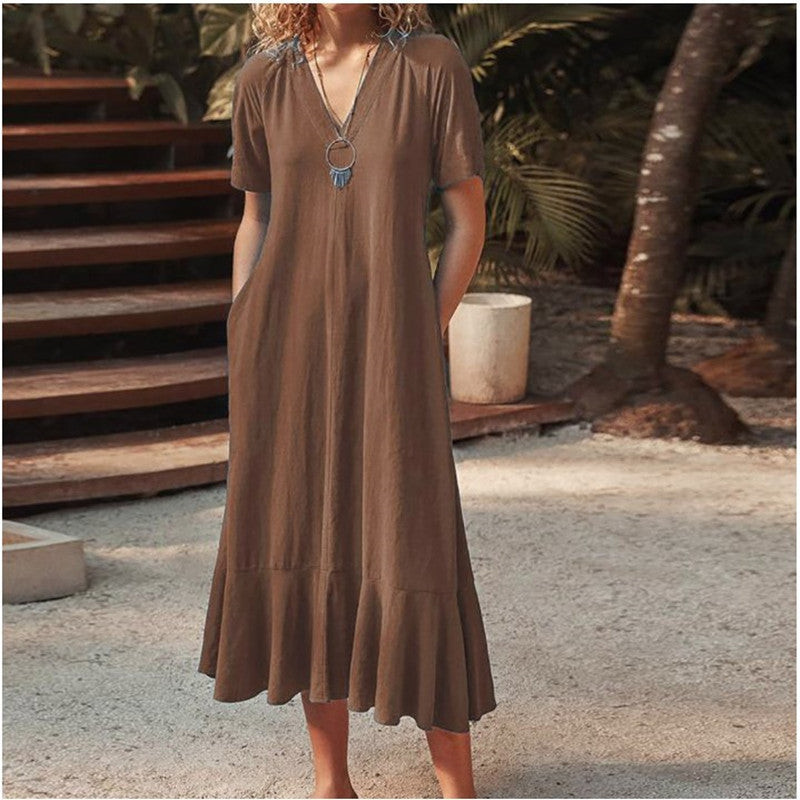 IvyShape | Casual Short Sleeve Cotton-Linen A-Line Long Dress