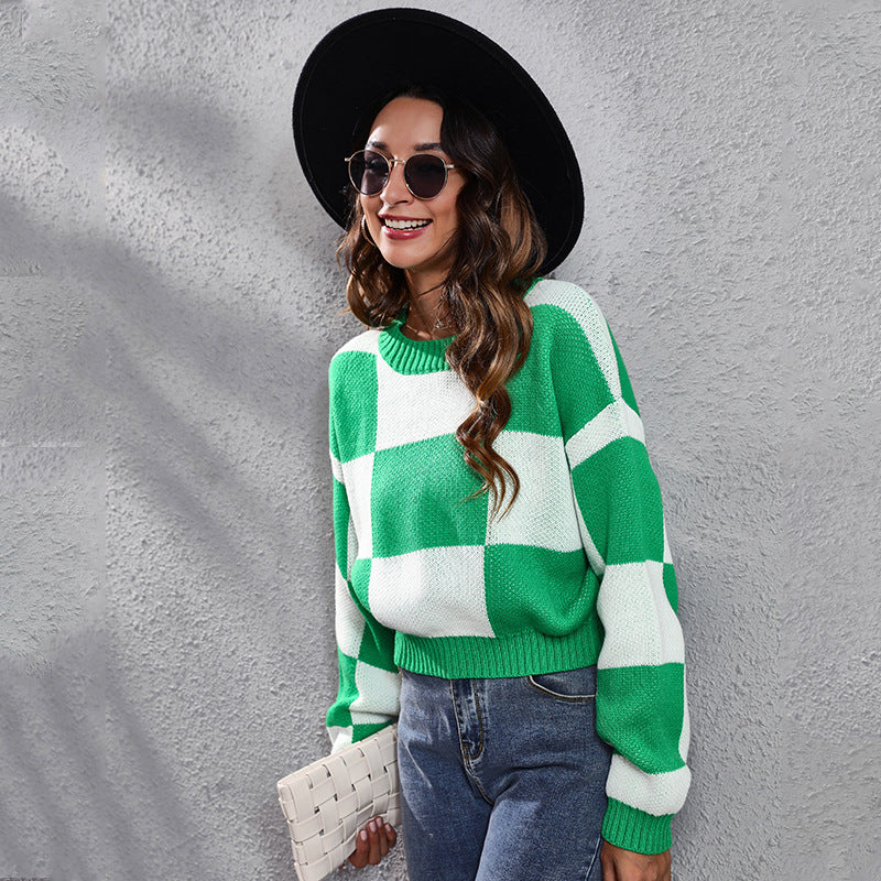 Women's Casual Sweater in Modern Check Pattern Ivyshape