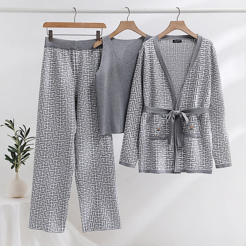 IvyShape | Jacquard Long Sleeve Coat and Pants Knit Set