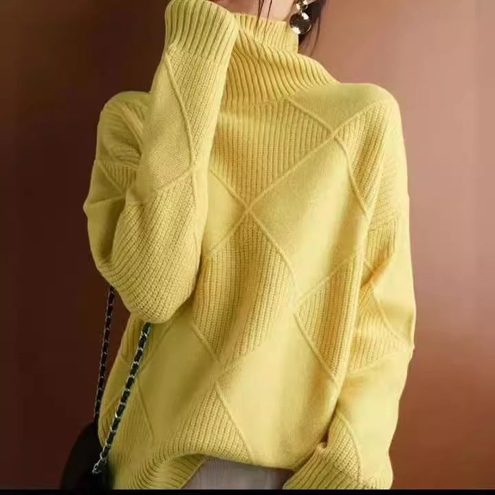 Women's high-quality knitted sweater with standing collar and extravagant diamond pattern Ivyshape