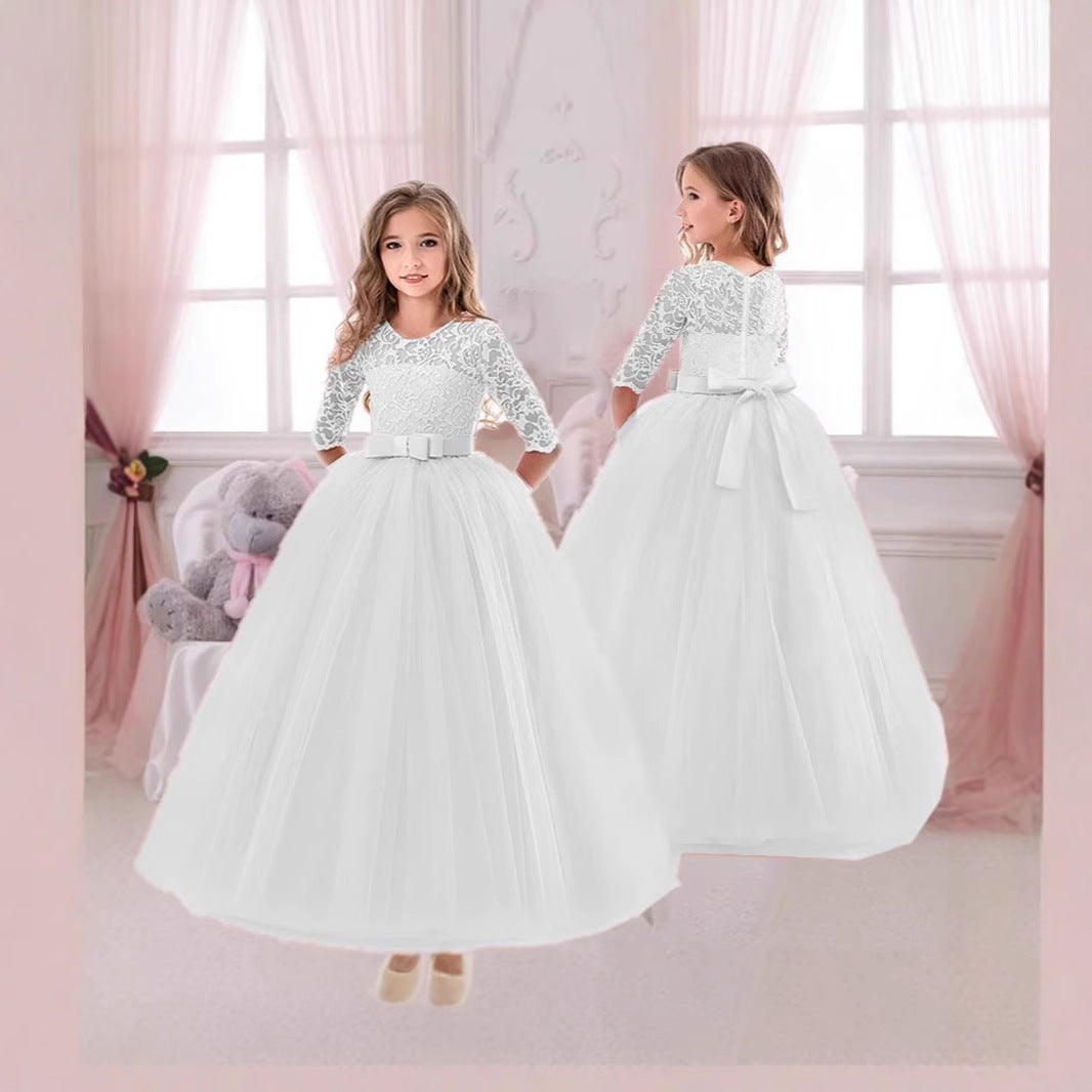 Girls' Festive Tulle Dress with Lace Bodice and Waist Belt Ivyshape