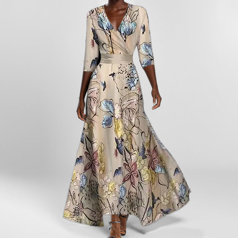 IvyShape | Elegant V-Neck Printed Tie Waist Flared Maxi Dress