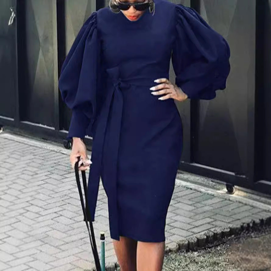 Women's pencil dress with voluminous puff sleeves and a waist belt Ivyshape