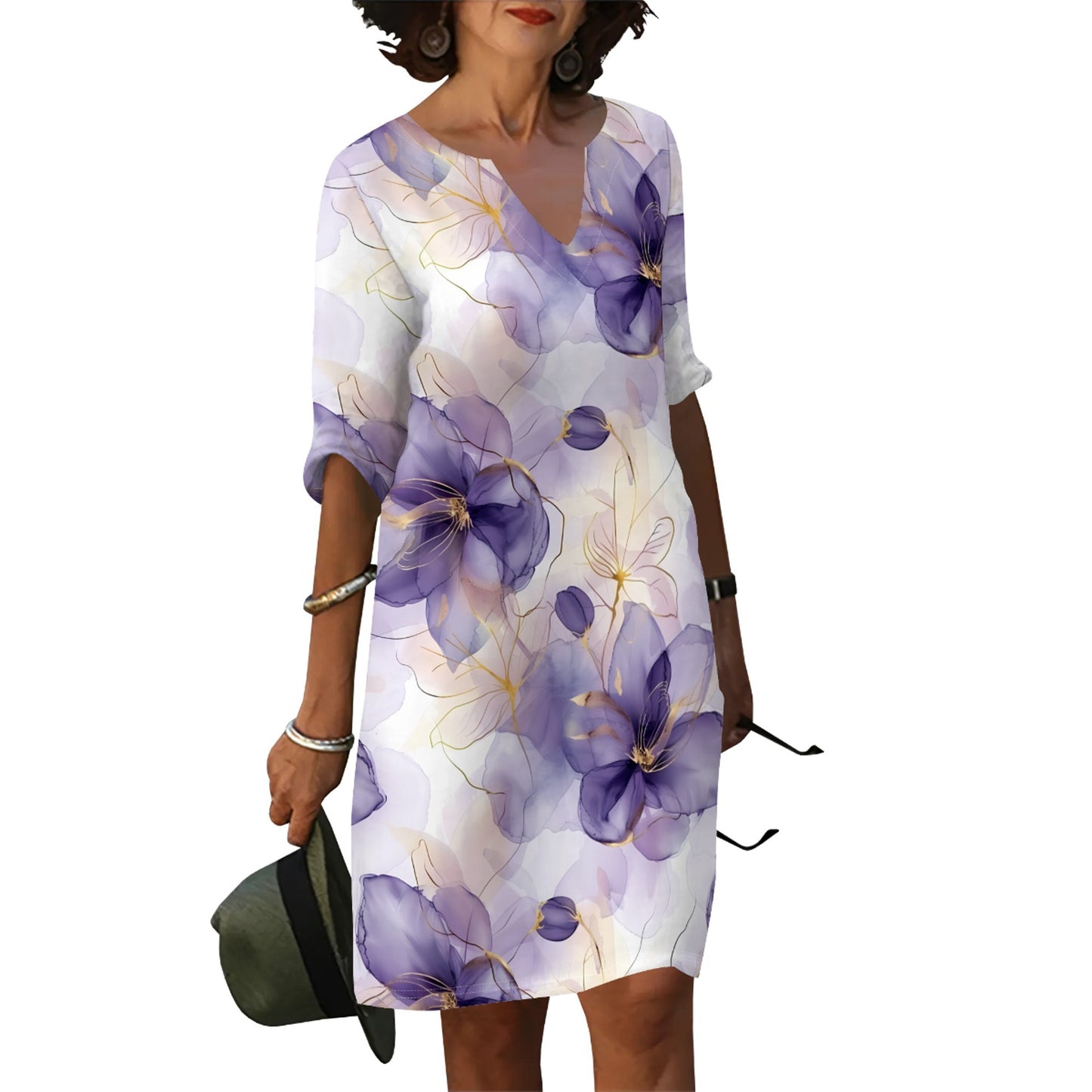 Ladies summer floral dress with V-neck and loose fit Ivyshape