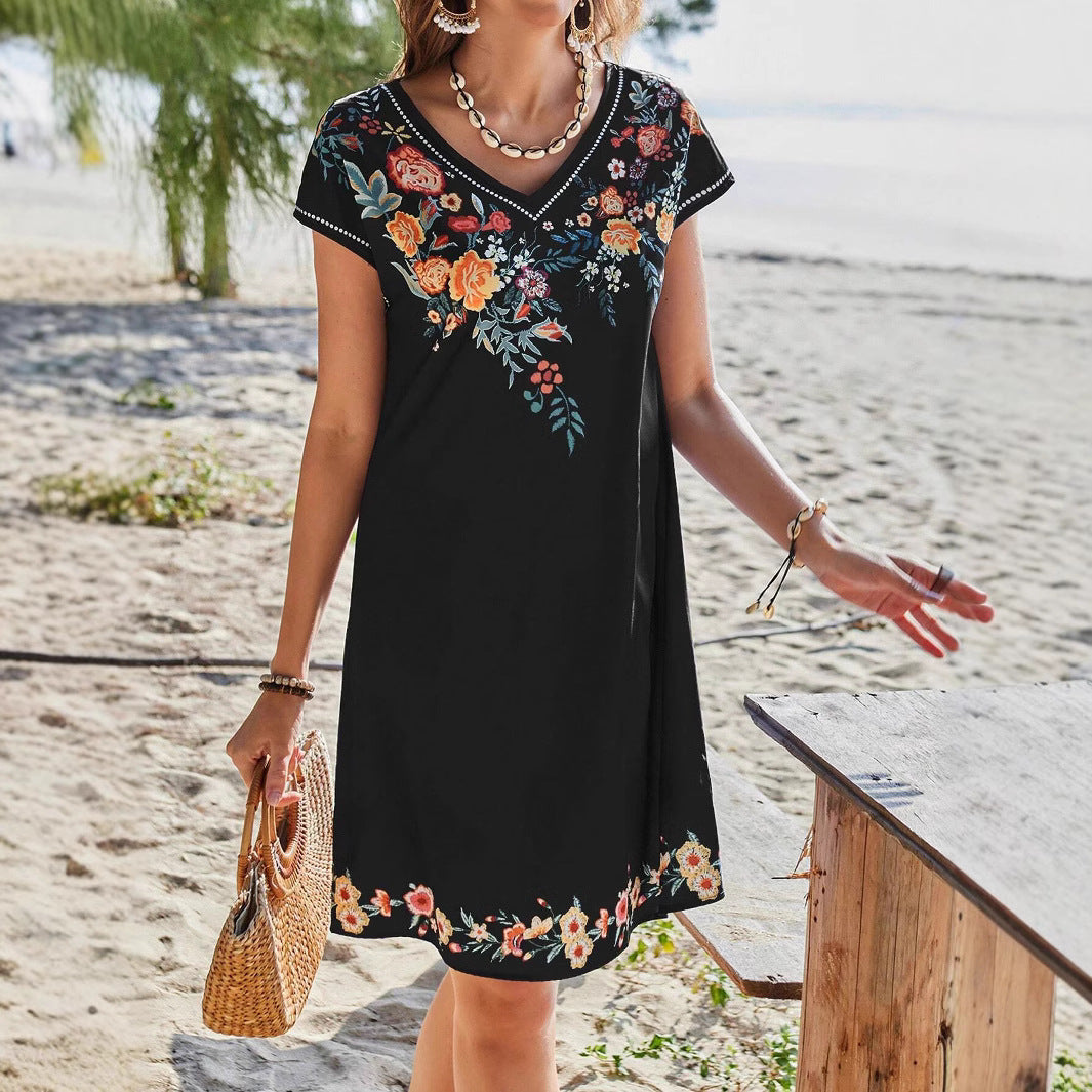 IvyShape | Elegant Printed V-Neck Short Sleeve Dress