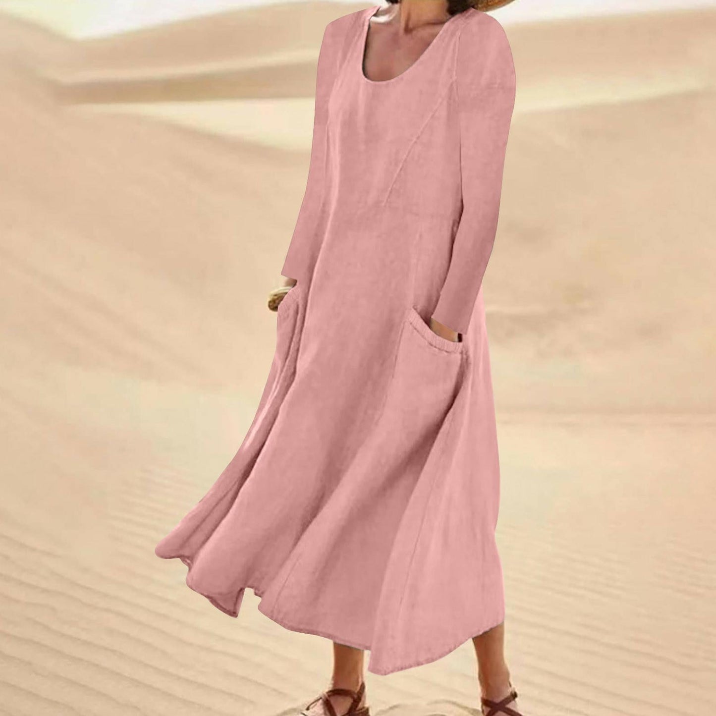 Ivyshape | Long-Sleeved Solid Color Dress with Round Neck Cutout