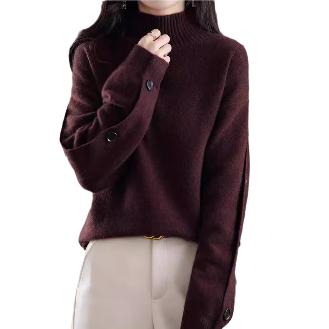 Women Elegant Turtleneck Sweater with Button Details and Soft Material Ivyshape