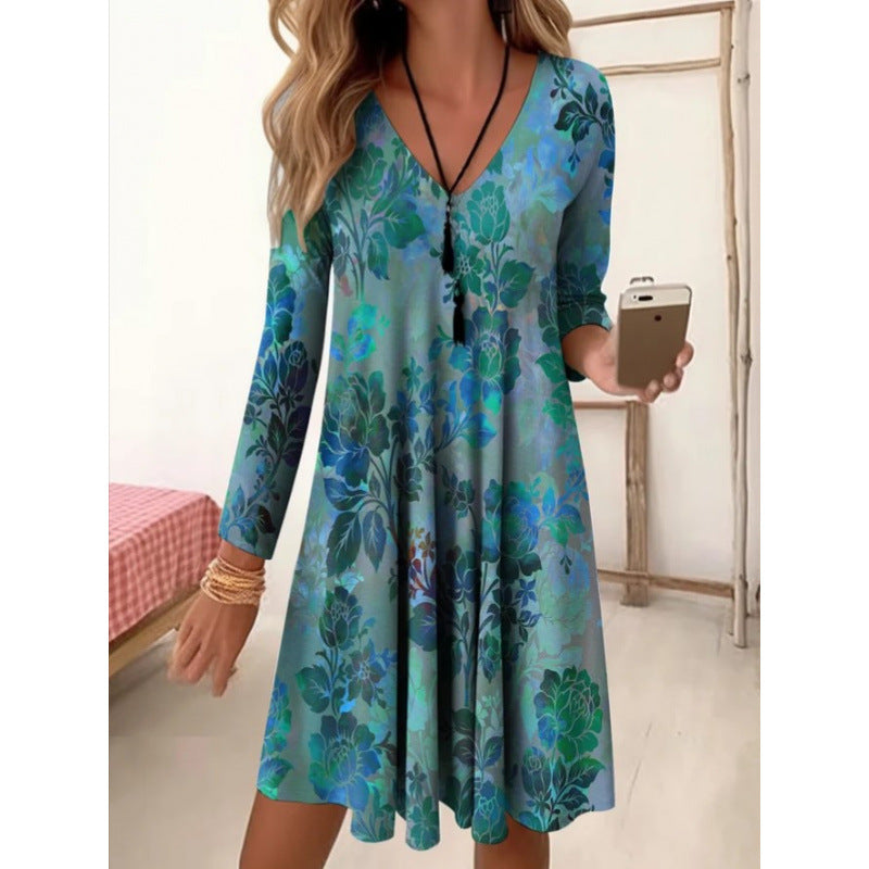 Women's V-neck casual dress with floral design and side pockets Ivyshape