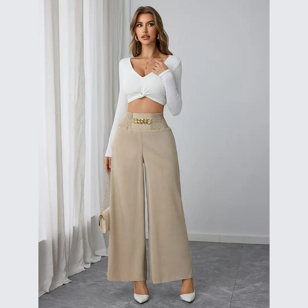Women's Wide Trousers with Ruffle Details and Stylish Belt Design Ivyshape