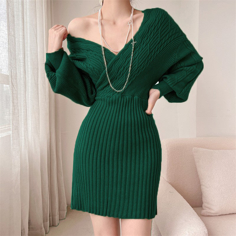 Ladies Elegant Knit Dress with V-Neck and Special Rib Pattern Ivyshape