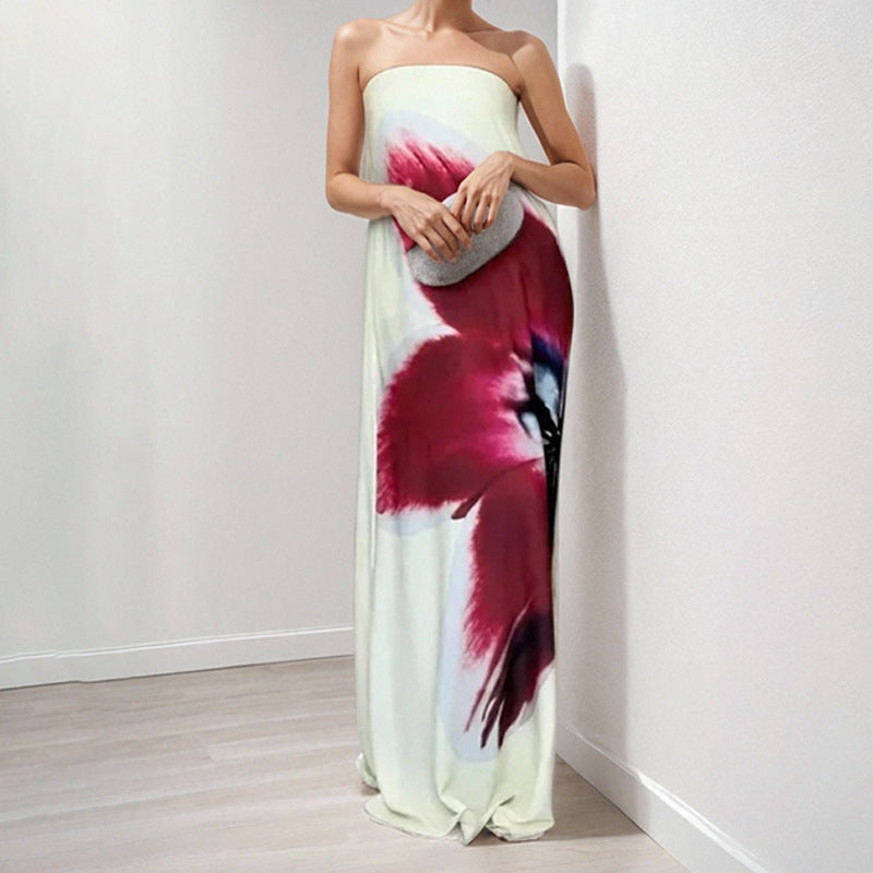 IvyShape | Elegant Strapless Printed Maxi Dress with Flared Skirt