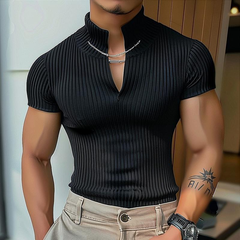 Women's Short Sleeve Shirt with V-Neck and Textured Rib Pattern Ivyshape