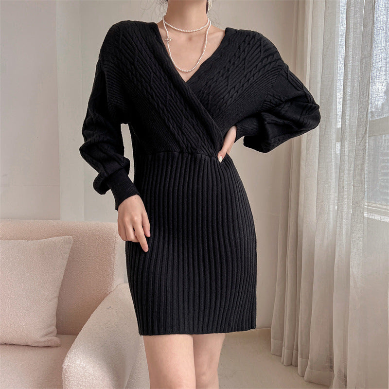 Ladies Elegant Knit Dress with V-Neck and Special Rib Pattern Ivyshape