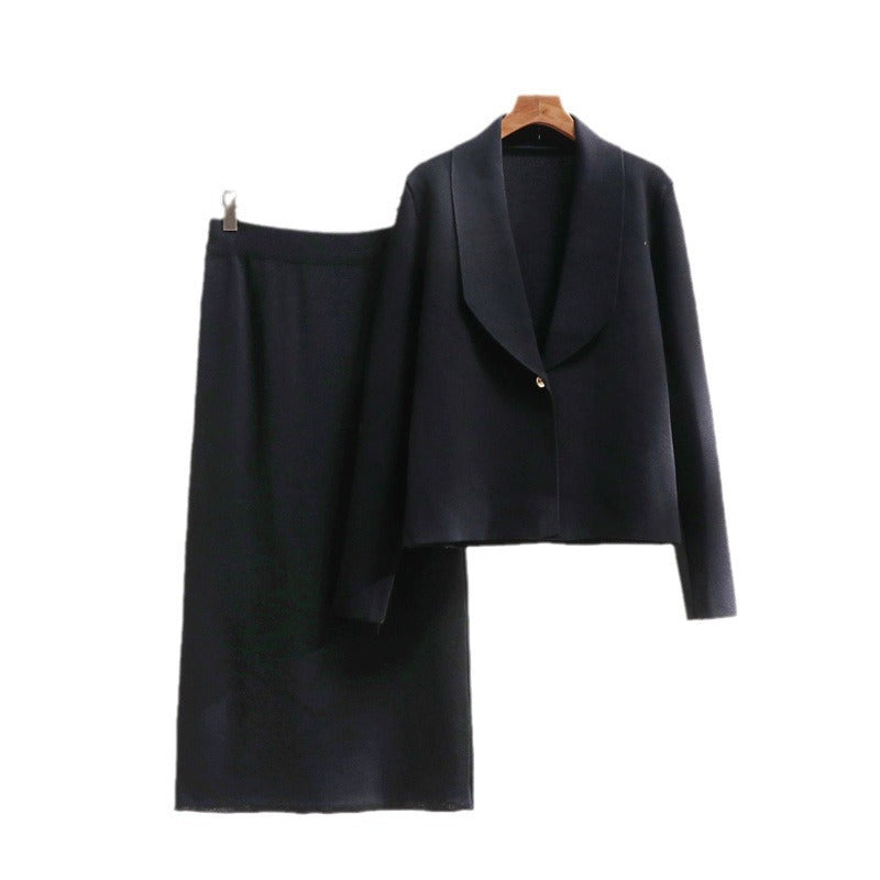 Ladies elegant knit ensemble with blazer and midi skirt Ivyshape