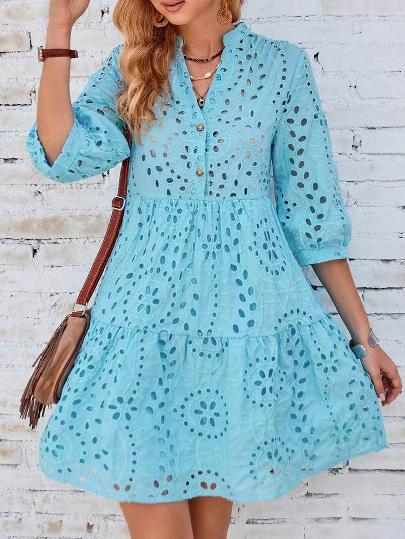 IvyShape | Blue Embroidered V-Neck Button Dress