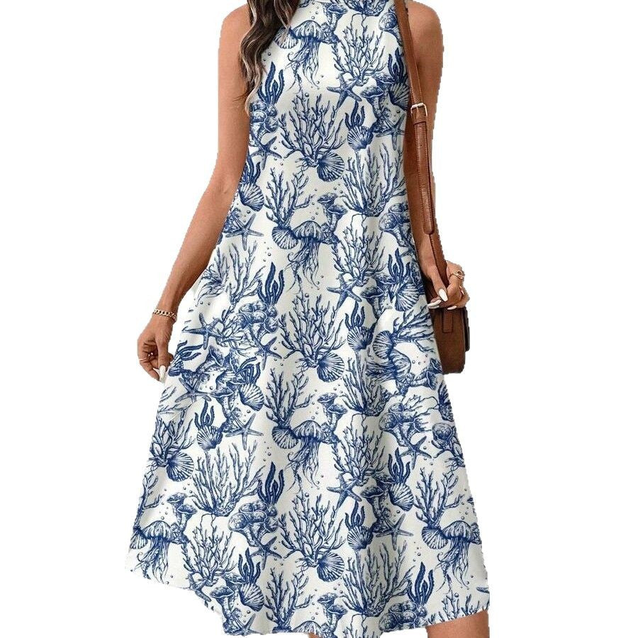 Women's summer midi dress with maritime pattern and beautiful cut Ivyshape
