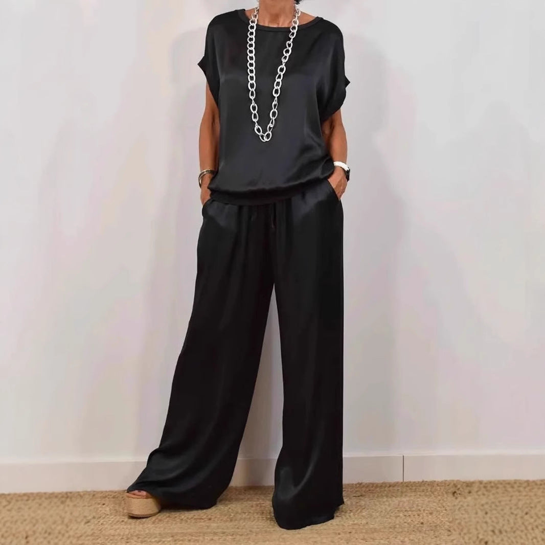 Ladies Elegant Satin Lounge Set with Loose Fit and Casual Top Ivyshape