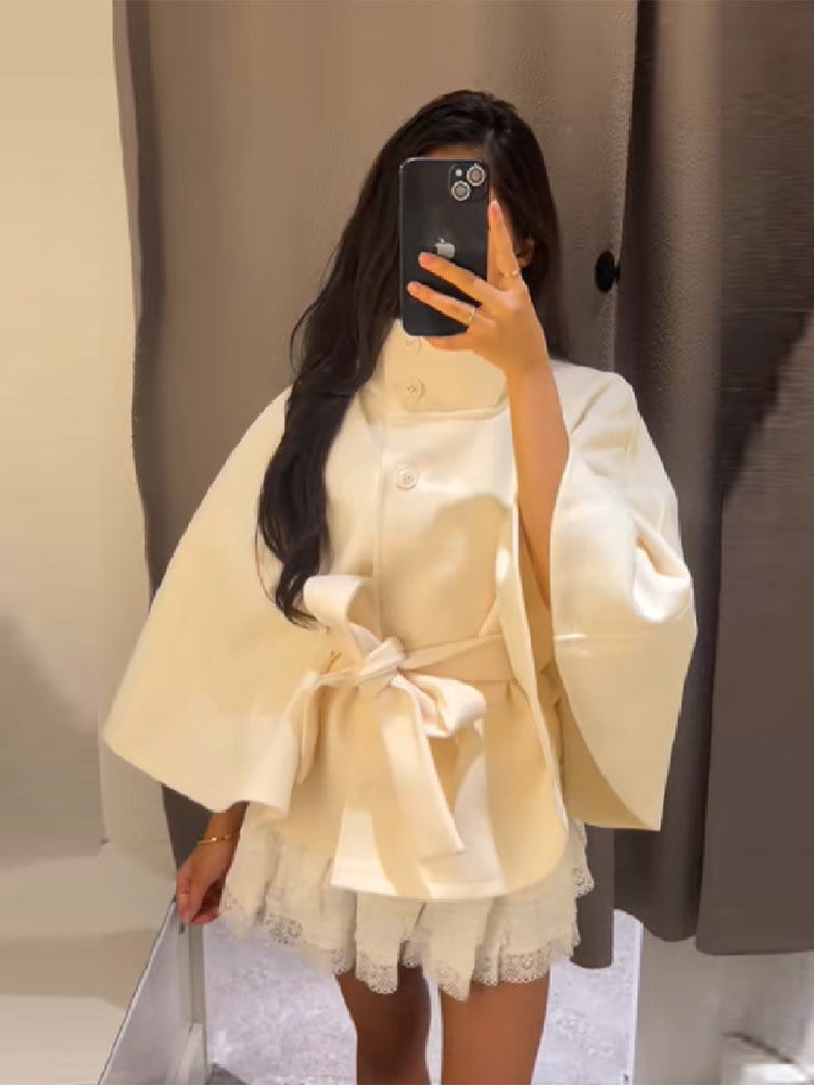 Women's wrap jacket with high collar line and wide sleeves Ivyshape