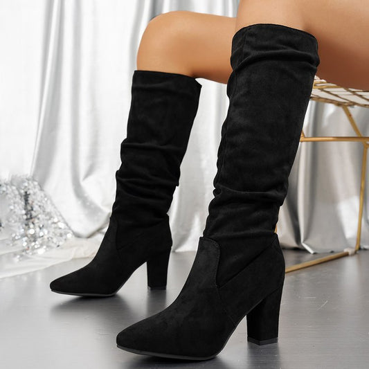 Ladies' fashionable knee-high boots with elegant gathering and sturdy block heel Ivyshape