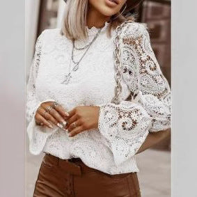 Women Elegant Lace Blouse with Ruffle Sleeves Ivyshape