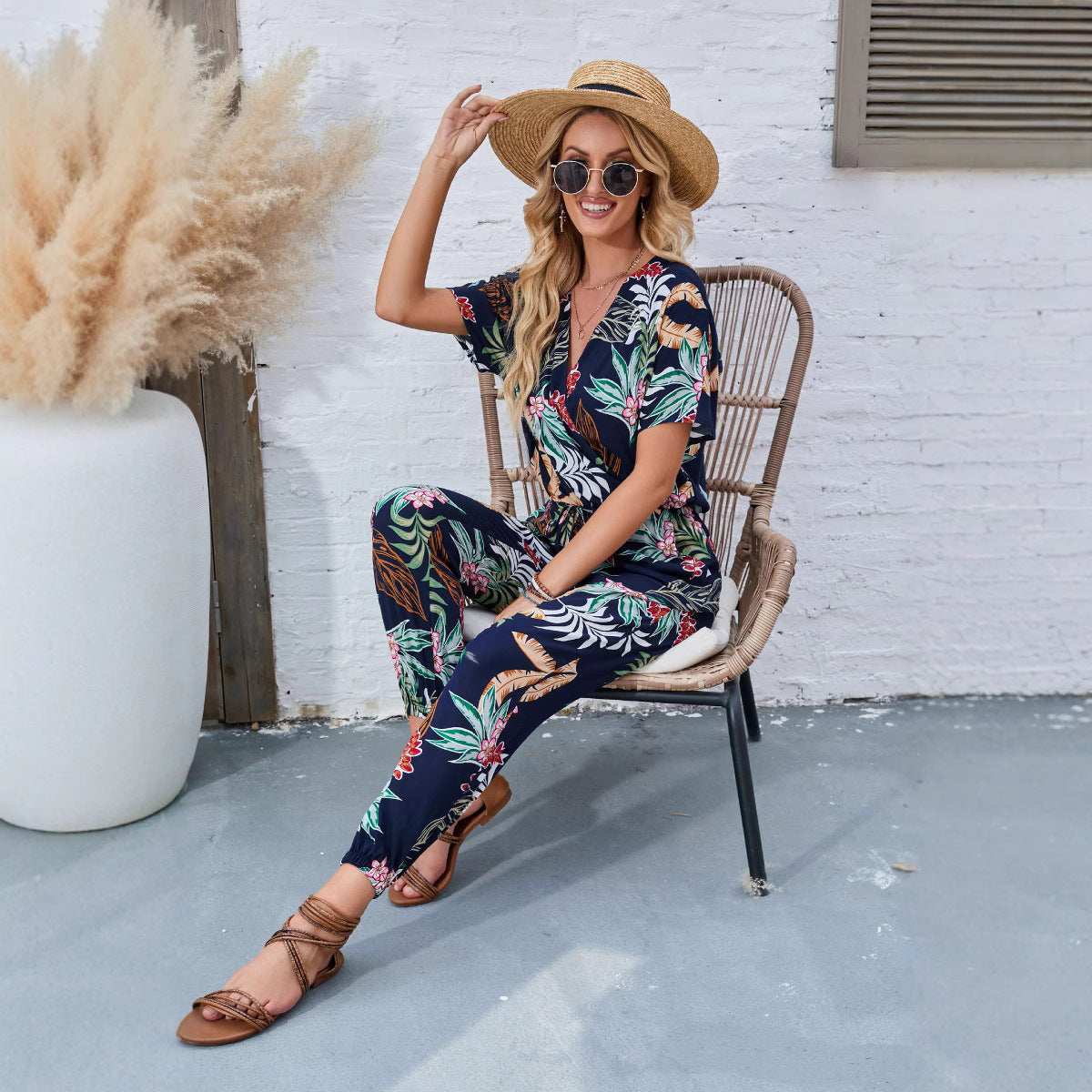 IvyShape | Belted Elastic Waist Printed Short Sleeve Jumpsuit