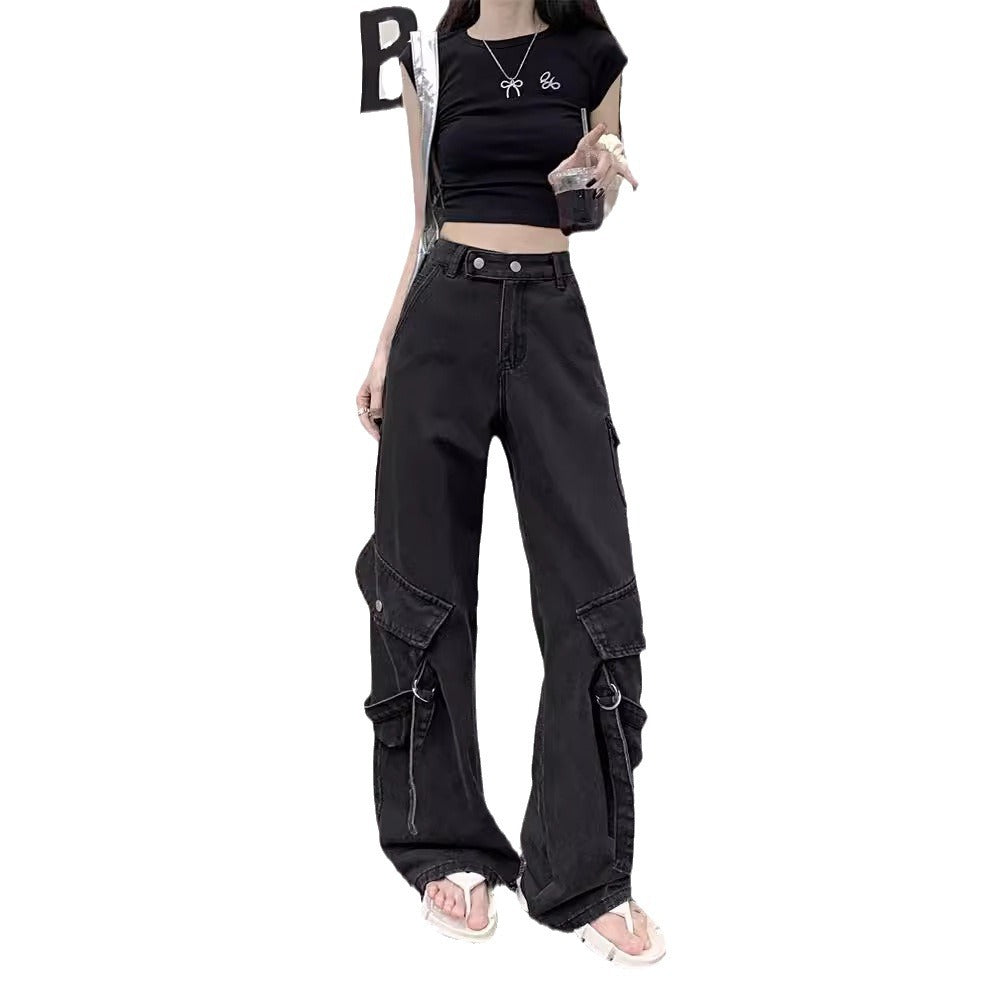 Women's loose cargo jeans with practical buckles and fashionable cut Ivyshape