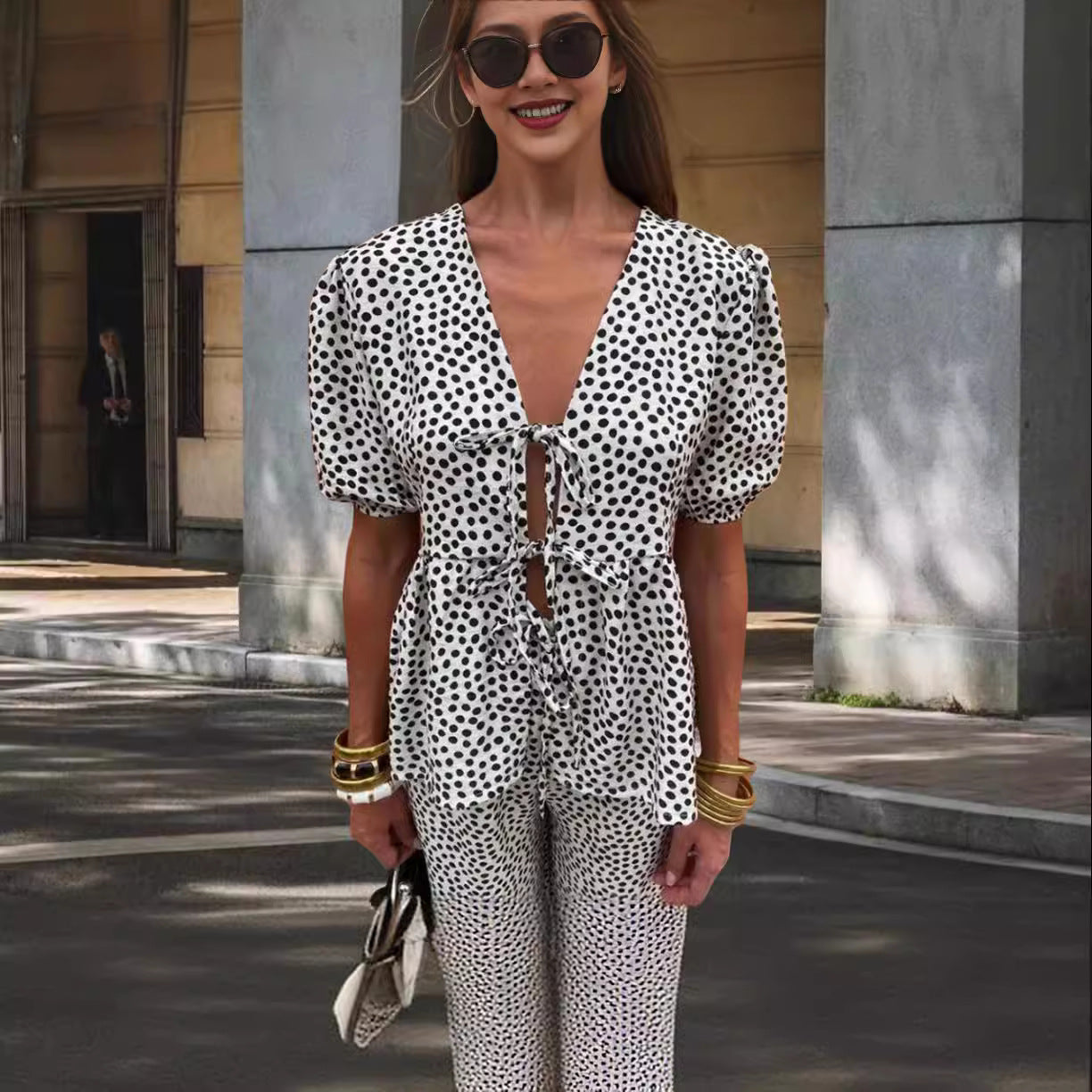 Women Elegant Set with Puff Sleeves and Patch Pockets Ivyshape