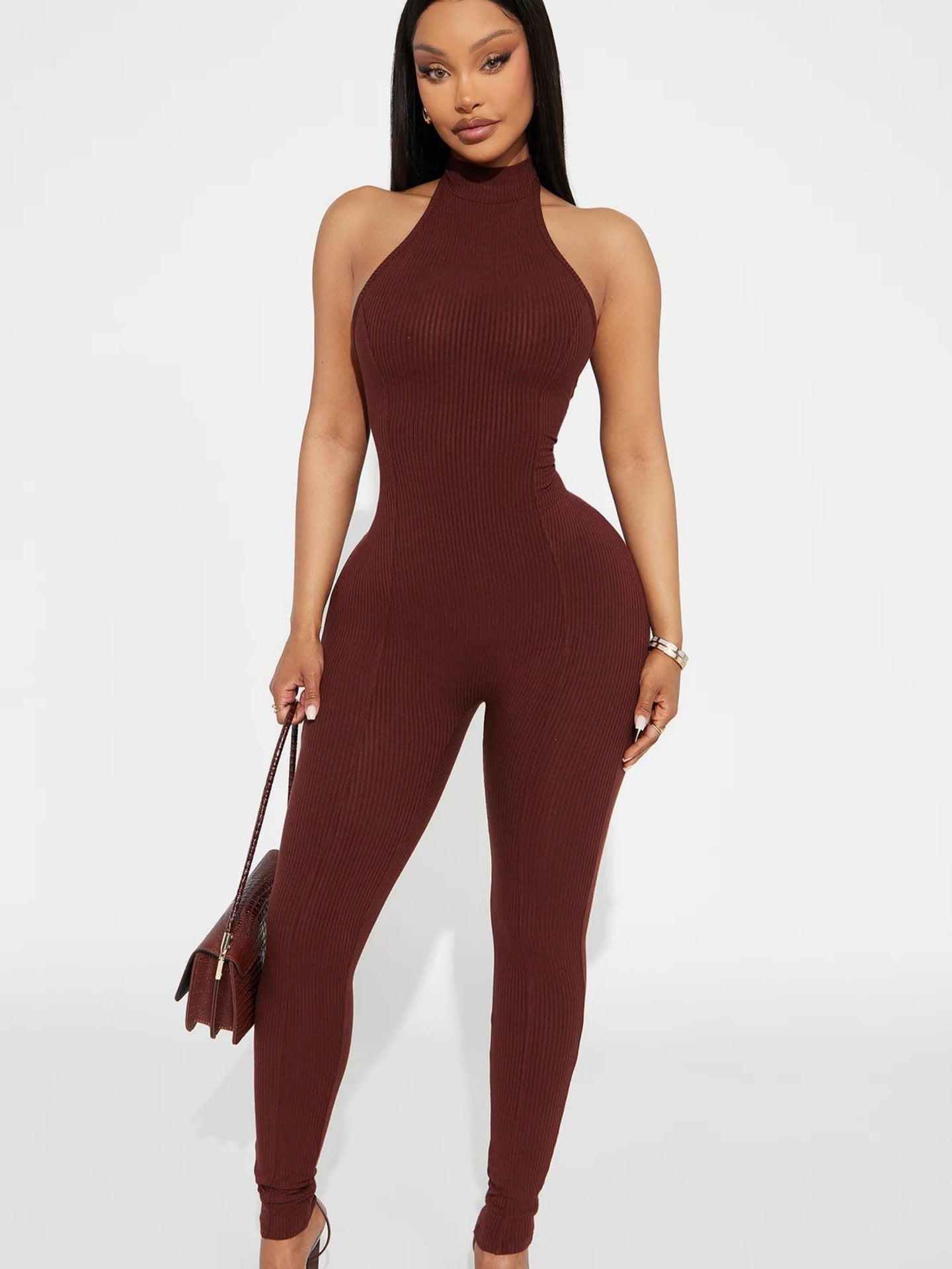 Ladies Elegant Jumpsuit with high-neck design and fine ribbed details Ivyshape