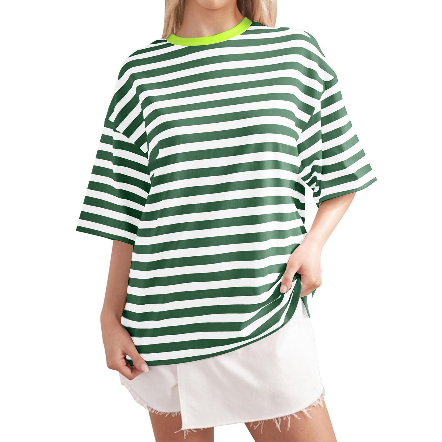 Women's Casual Oversized T-Shirt with Wide Stripes Ivyshape