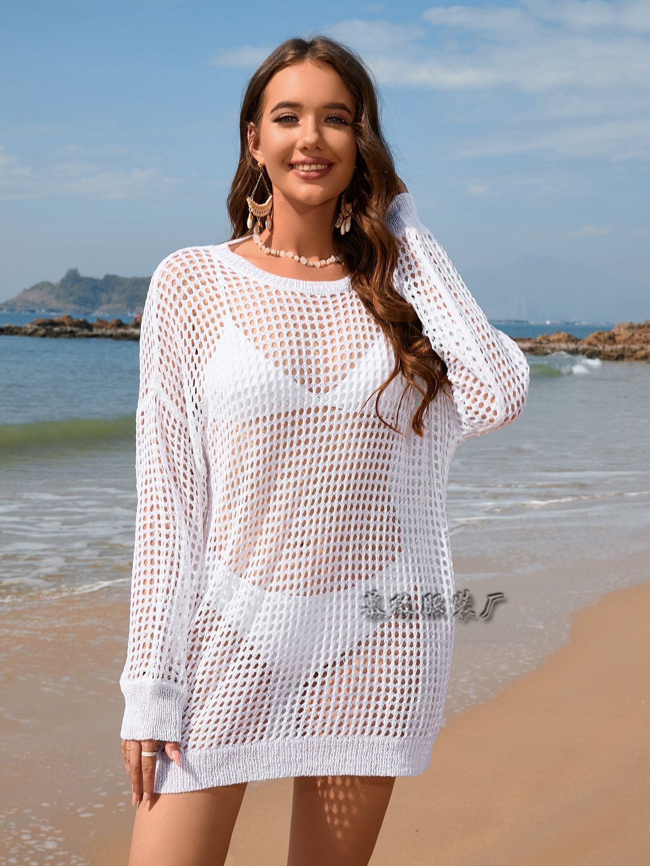 IvyShape | Loose Solid Color Knit Bikini Beach Cover-Up