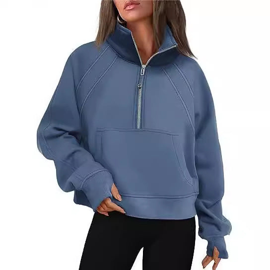 Women Sporty Sweater with High Collar and Zipper Ivyshape