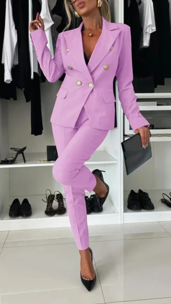 Women's Elegant Blazer Set with Tailored Pants and Double Button Placket Ivyshape