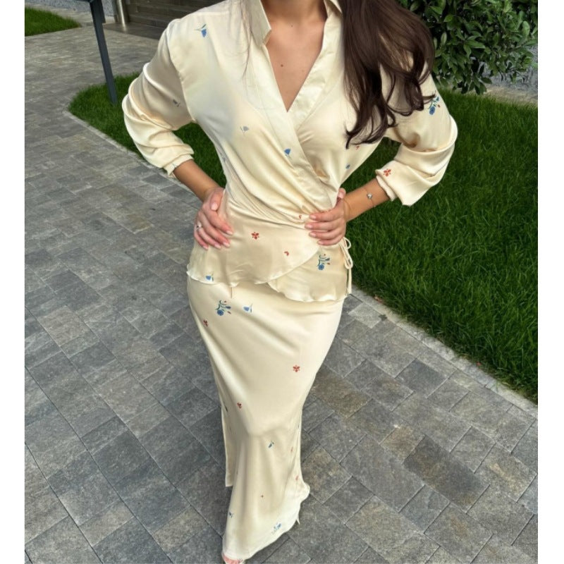 Ladies Elegant Satin Dress with Floral Design and Wrap Look Ivyshape