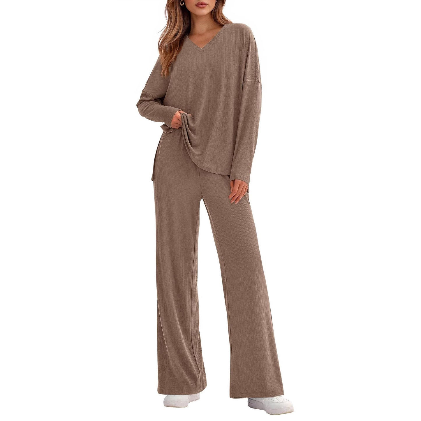Women's two-piece suits casual fashion loose long-sleeved tops wide-leg pants Ivyshape