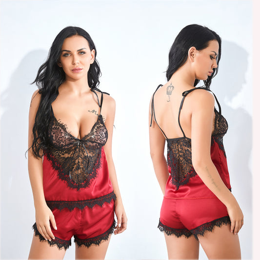 Women Elegant Satin Lace Top and Shorts Set Ivyshape