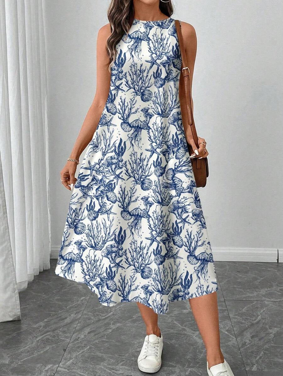 Women's summer midi dress with maritime pattern and beautiful cut Ivyshape