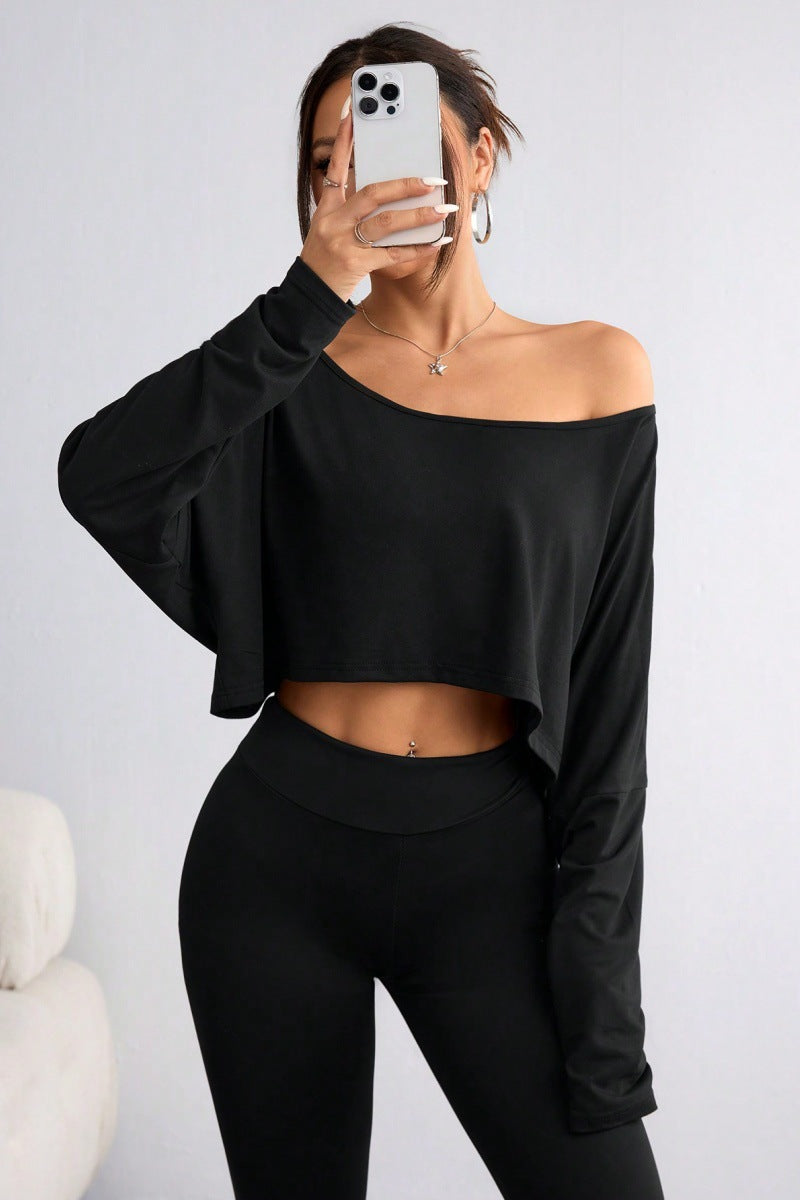 Women's casual oversized long-sleeve shirt with asymmetrical hem and boat neckline Ivyshape
