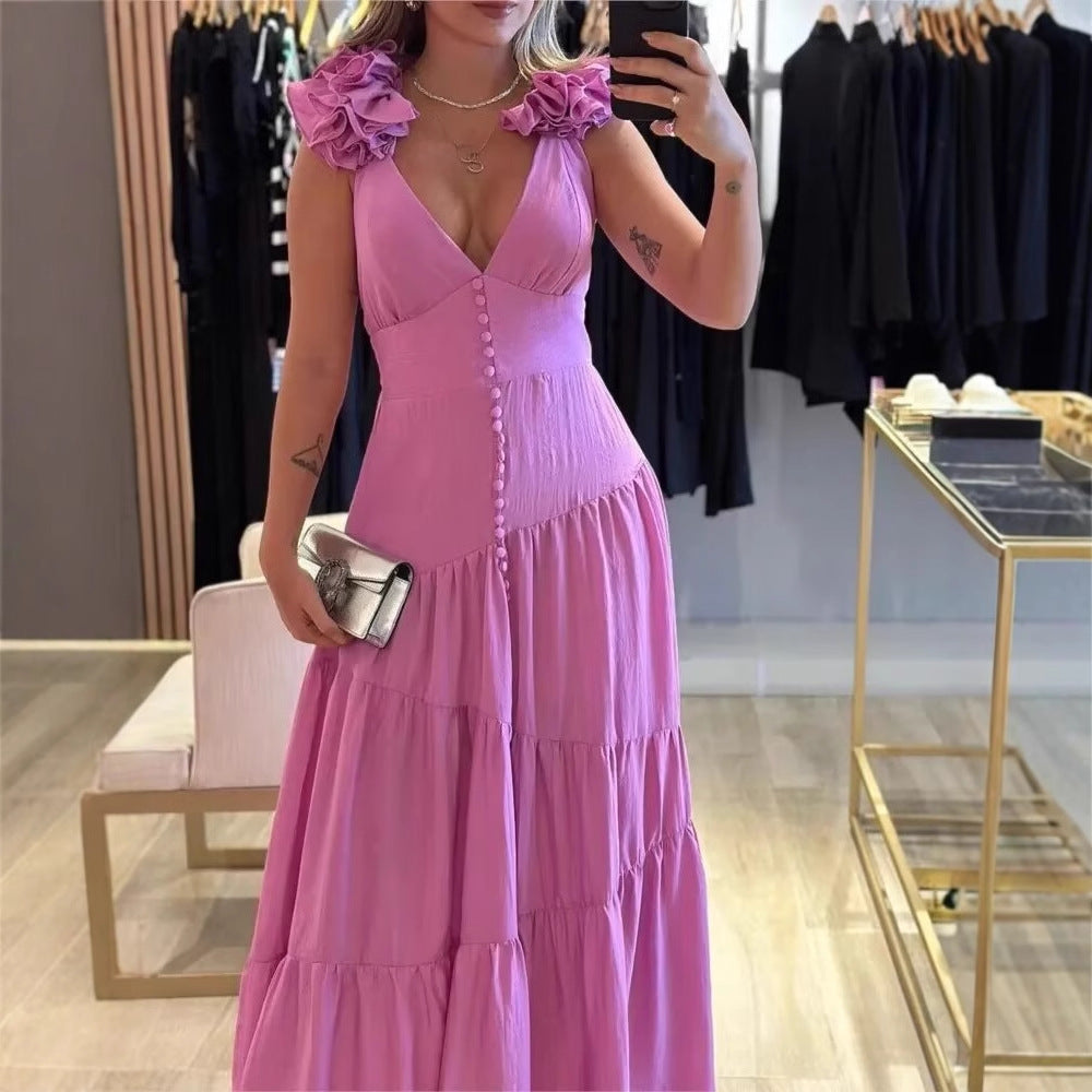 Women's maxi dress with a flowing ruffle design and elegant V-neck Ivyshape