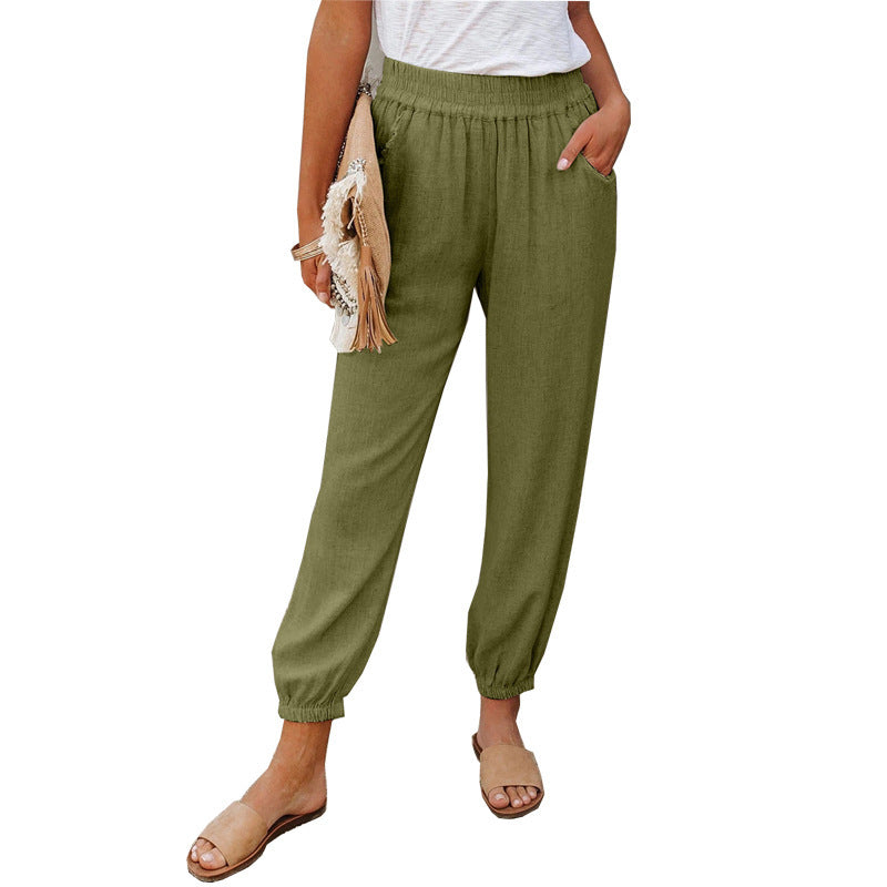 Women's casual linen pants with elastic waistband and drawstring Ivyshape