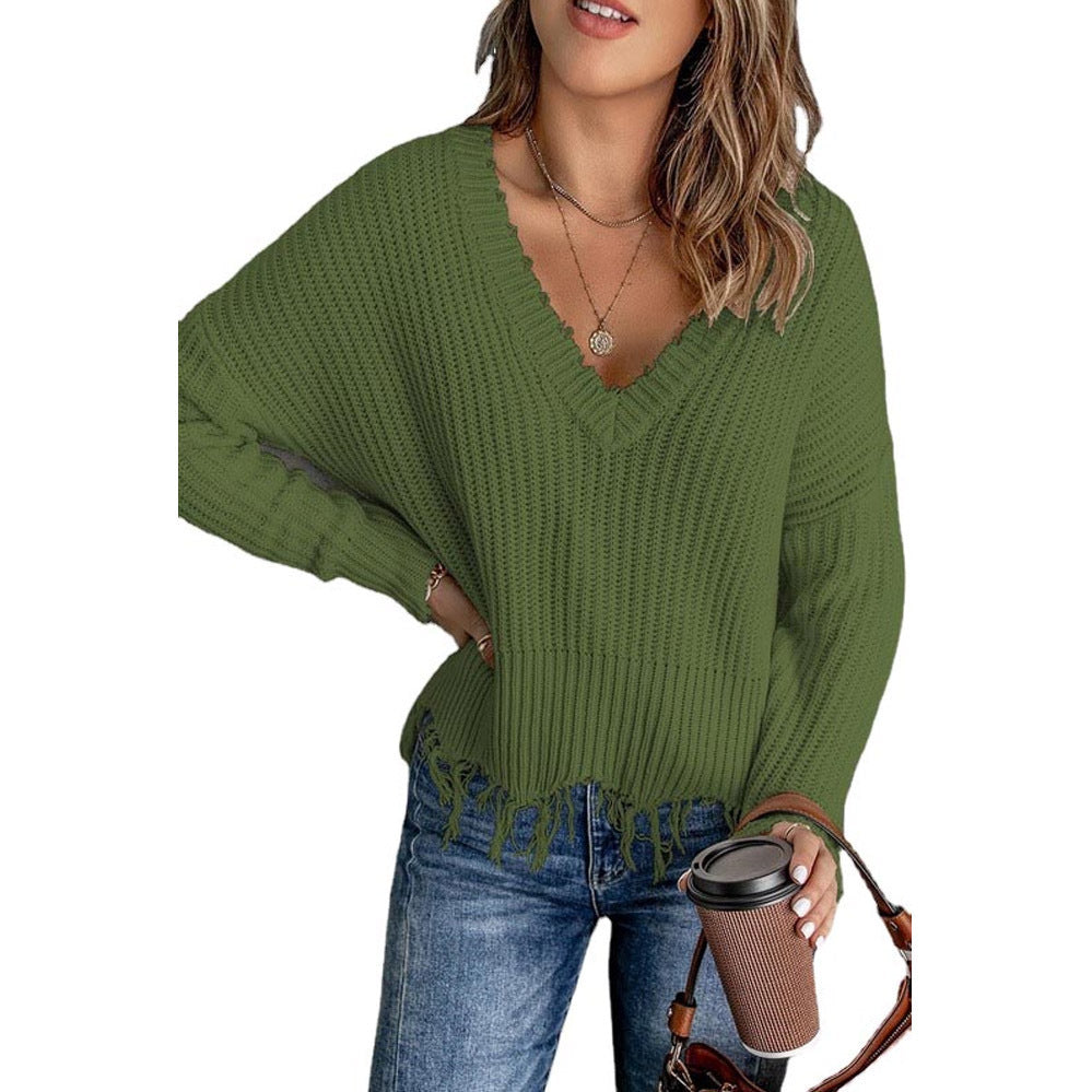 Women's V-neck knitted sweater with fringes Ivyshape