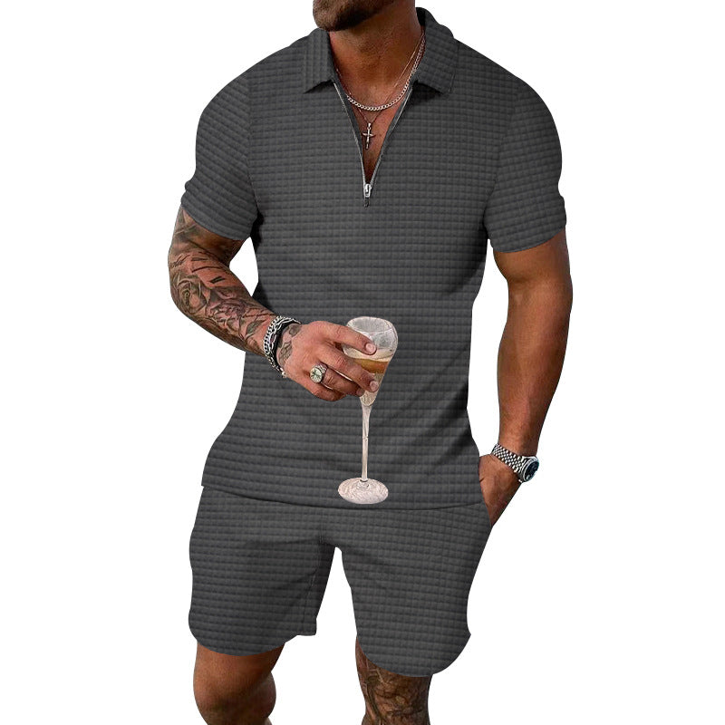 Men's fashionable short sleeve set with narrow collar and practical zipper Ivyshape