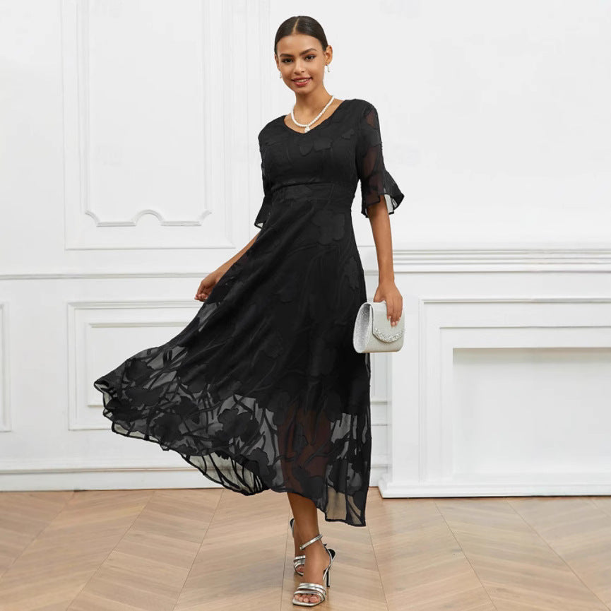 Ladies elegant midi dress with floral chiffon and V-neck Ivyshape